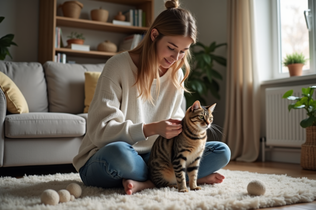 Jeune femme caressant son chat dans un salon cosy