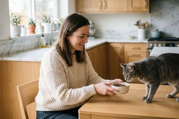 Femme souriante offrant de la nourriture à un chat gris dans une cuisine chaleureuse
