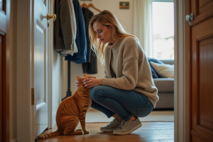 Femme et chat ginger dans un couloir cosy