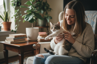 Jeune femme avec un chaton tabby dans un salon chaleureux
