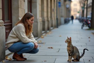 Femme en jeans et pull avec chat urbain curieux