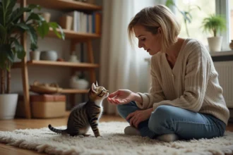 Femme et chaton en interaction douce dans un salon