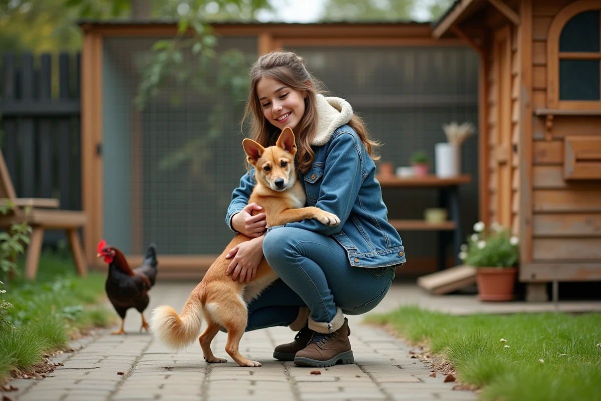 Femme avec son chien près d une volière et déjections de renard