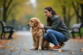 Femme attentive avec un chien dans un parc urbain automnal
