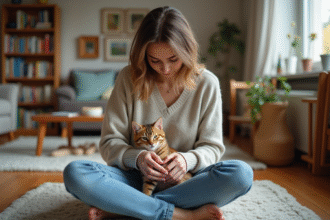 Jeune femme avec un chaton dans un salon chaleureux