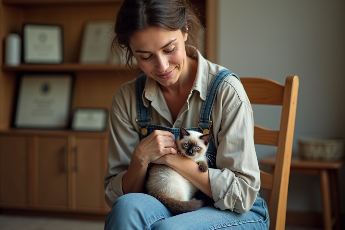 Femme tenant un chat Siamese dans un intérieur chaleureux