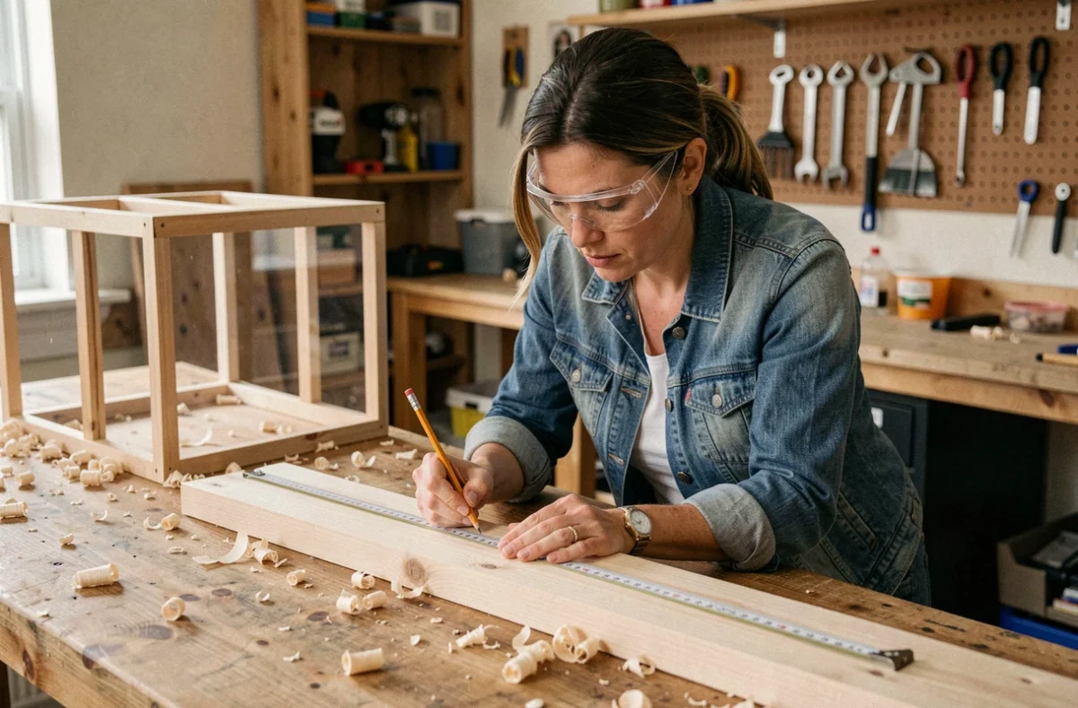 Femme mesurant une planche en bois pour construire une cage faite maison pour cochon d'Inde dans un atelier de bricolage
