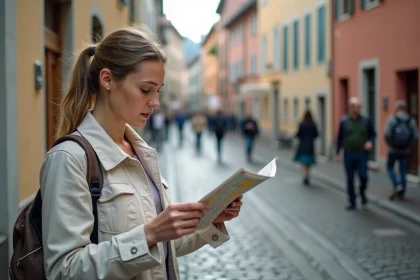 Femme consultant une carte touristique dans les rues pavées du centre-ville d'Annecy avant de rejoindre le zoo à pied