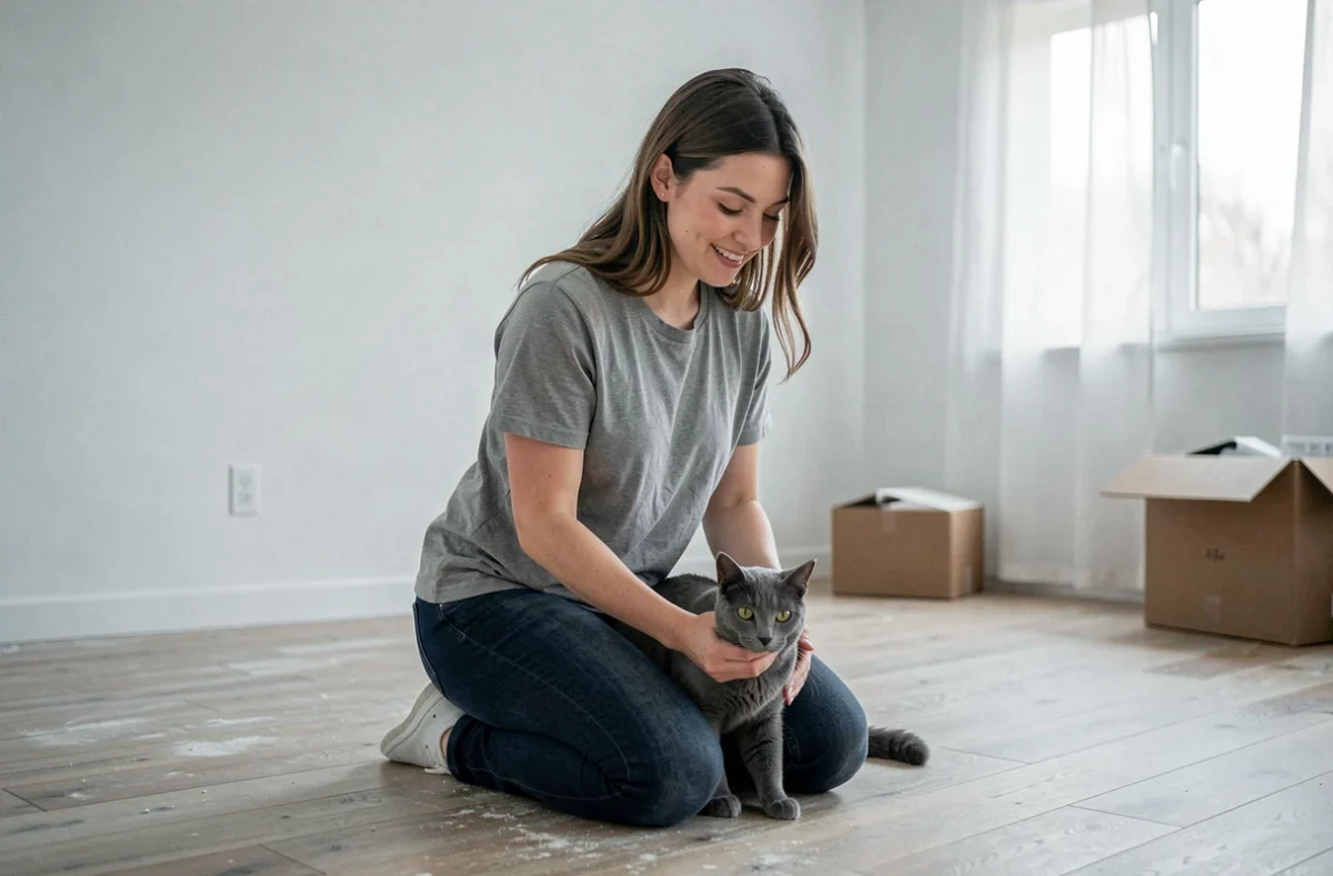 Femme réconfortant son chat anxieux dans un appartement vide lors d'un emménagement dans un nouveau logement
