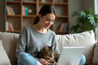 Femme assise sur un canapé avec son chat sur les genoux, consultant une assurance animaux en ligne sur son ordinateur portable