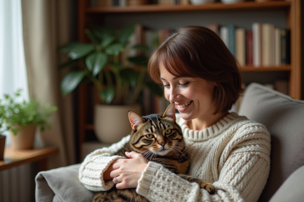 Femme souriante avec chat dans un salon chaleureux