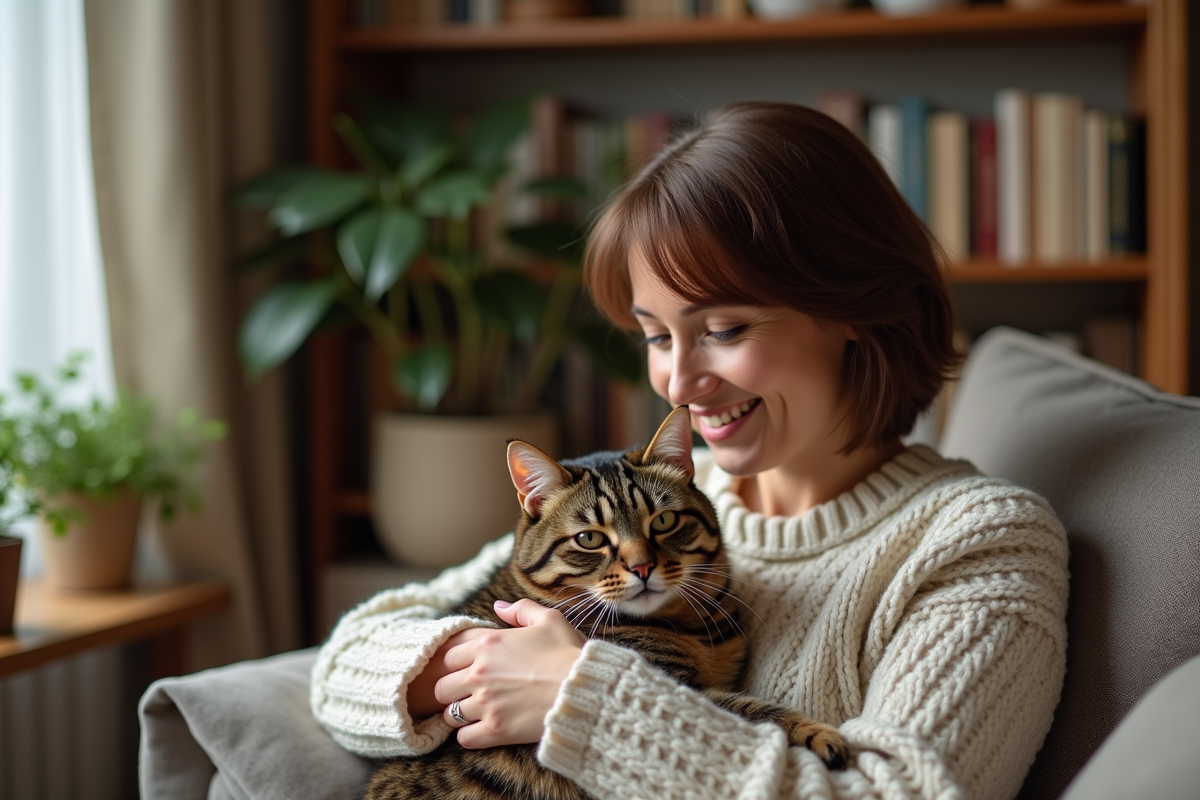 Femme souriante avec chat dans un salon chaleureux