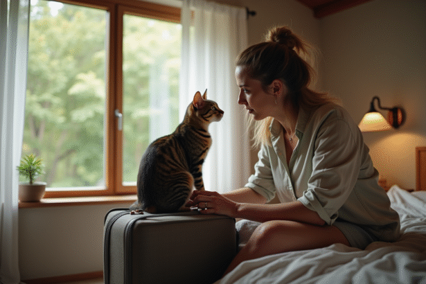 Femme caressant un chat dans une chambre chaleureuse