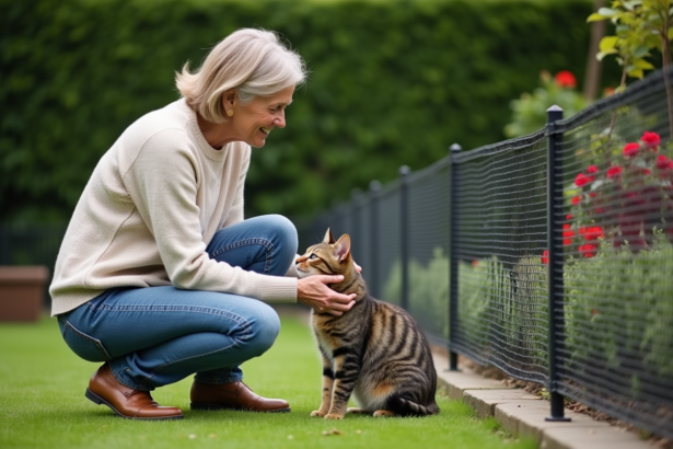 Femme caressant un chat dans un jardin sécurisé
