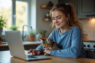 Femme avec chat dans une cuisine moderne et chaleureuse