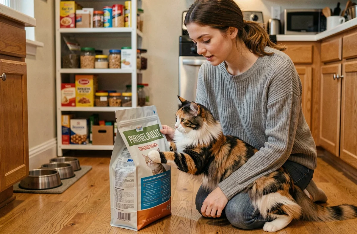 Jeune femme lisant les informations sur un sac de nourriture pour chat pendant que son chat calico réclame à manger