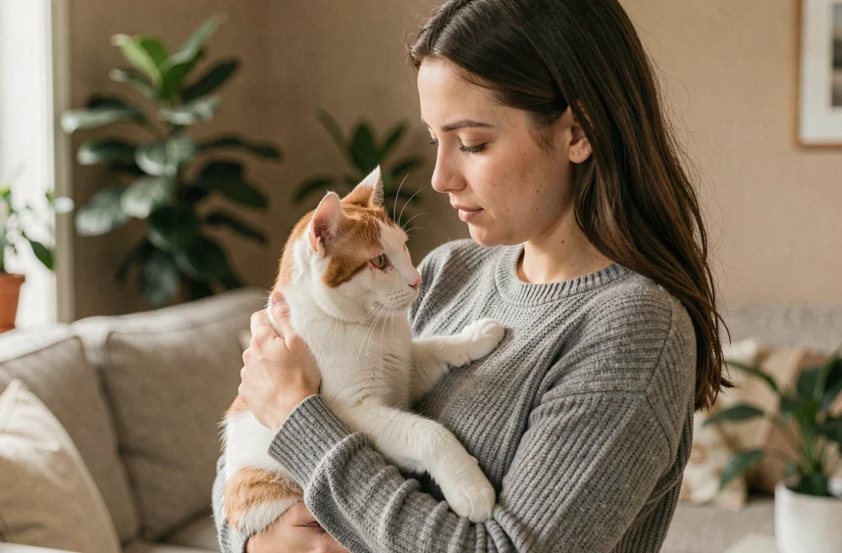 Femme tenant dans ses bras un chat domestique dont l'œil est irrité et larmoyant à la maison