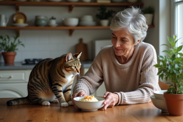 Femme en pull doux donnant à manger à un chat tabby dans la cuisine