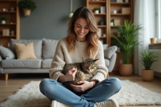 Femme souriante avec son chat dans un salon cosy