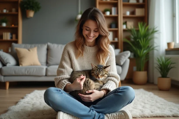 Femme souriante avec son chat dans un salon cosy