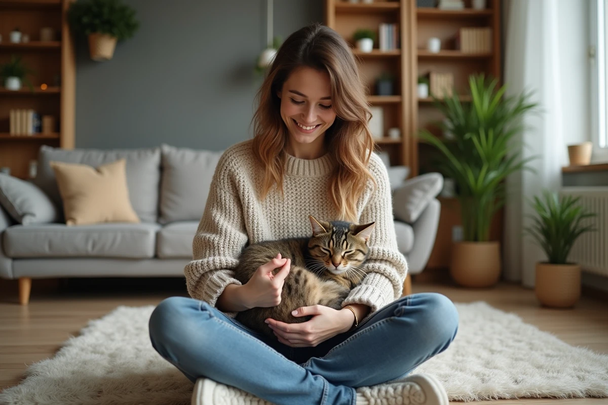 Femme souriante avec son chat dans un salon cosy