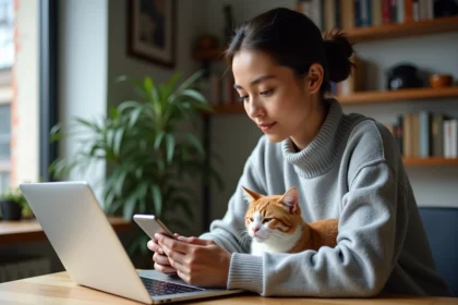 Femme avec chat regardant son smartphone dans un appartement