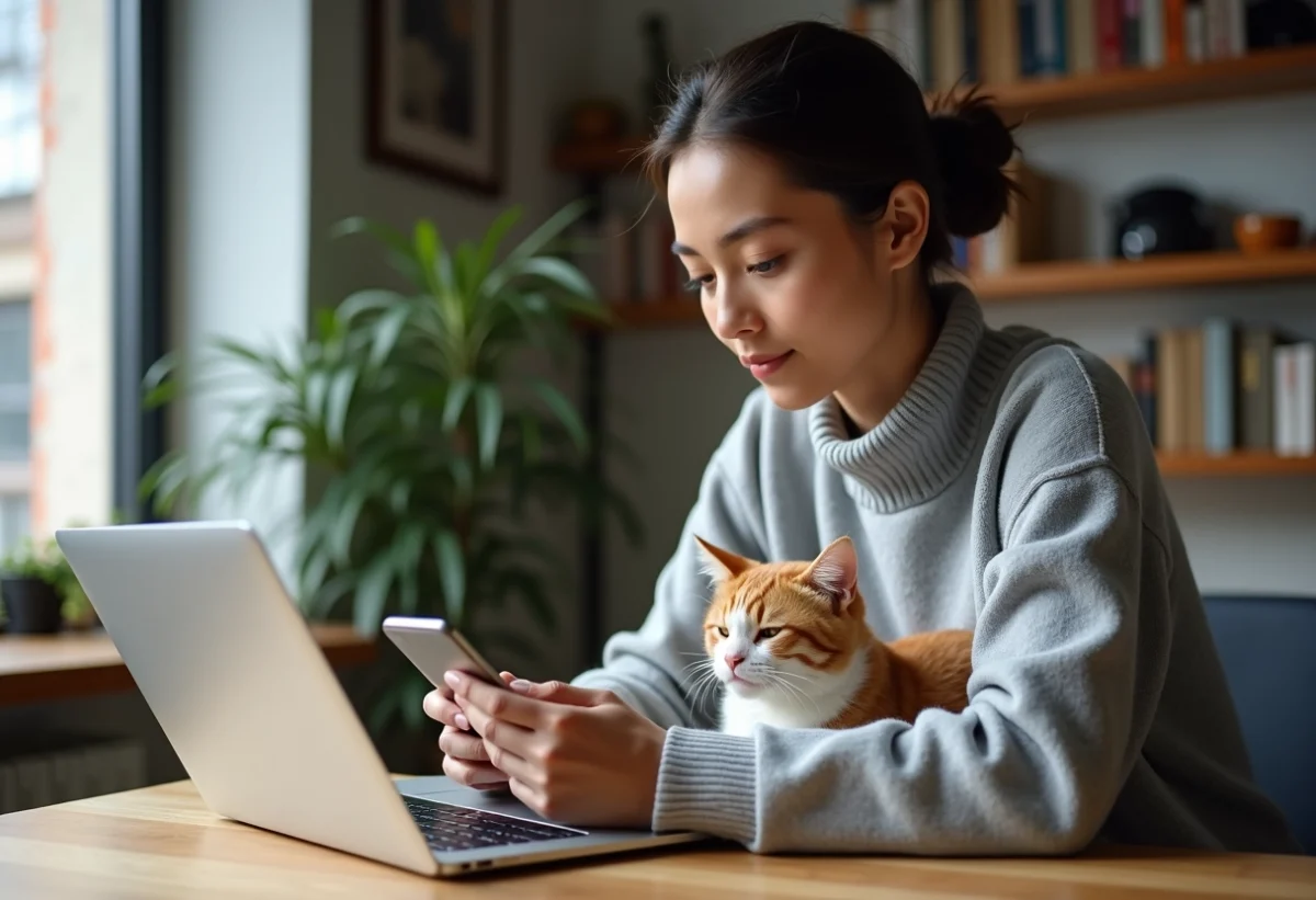 Femme avec chat regardant son smartphone dans un appartement