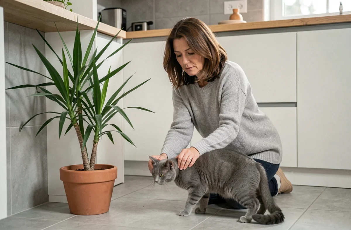 Femme protégeant son chat gris d'un yucca potentiellement toxique dans une cuisine