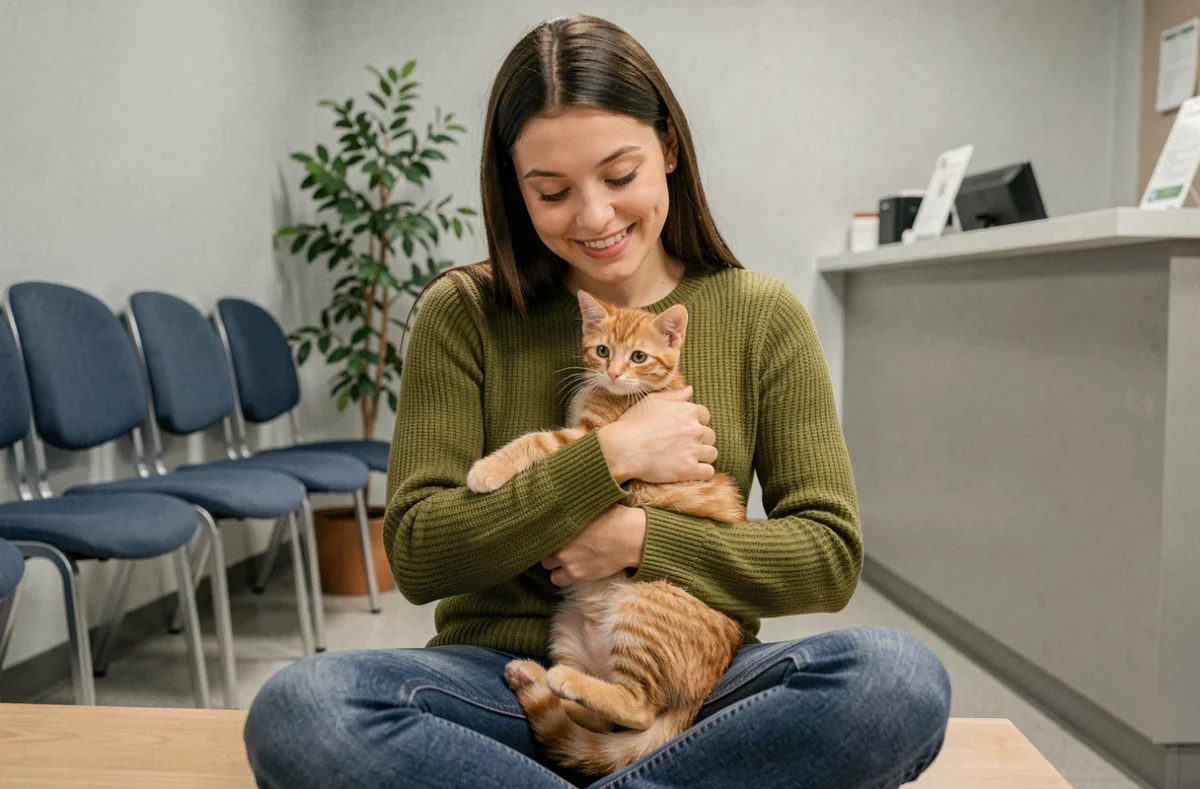 Jeune femme tenant un chaton roux dans une salle d'attente vétérinaire lors d'une adoption