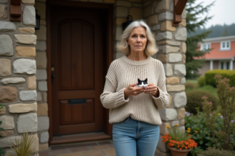 Femme tenant un collier de chat usé devant sa maison
