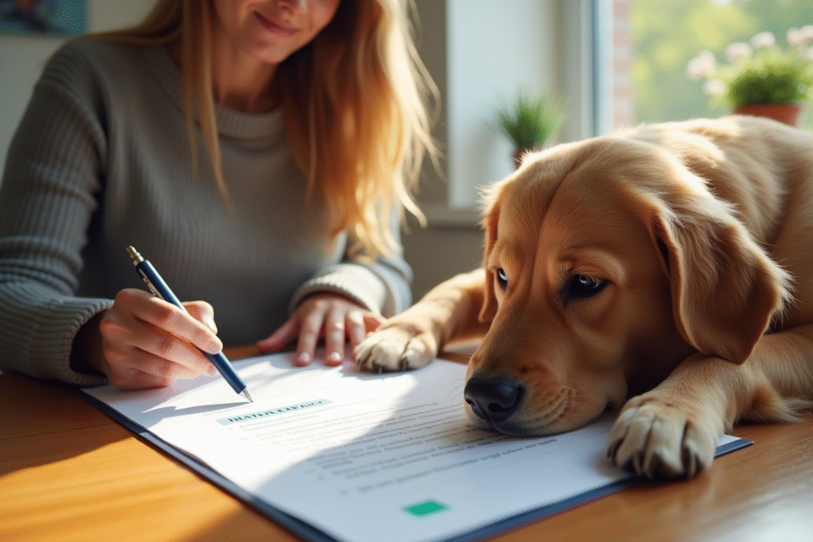 Jeune femme examinant documents d'assurance pour animaux avec chien