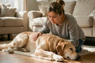 Femme inquiète agenouillée à côté de son golden retriever allongé sur le sol, observant les signes de douleur de son chien