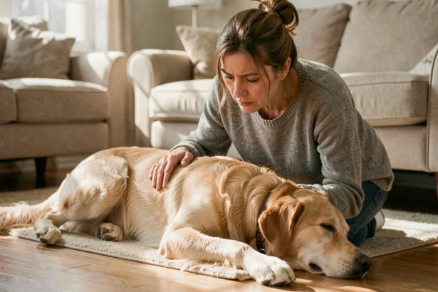 Femme inquiète agenouillée à côté de son golden retriever allongé sur le sol, observant les signes de douleur de son chien