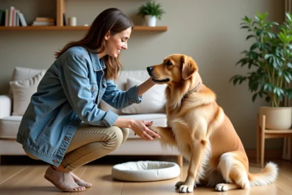 Femme souriante avec chien retriever dans un salon chaleureux