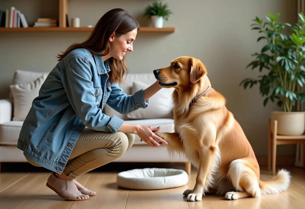 Femme souriante avec chien retriever dans un salon chaleureux