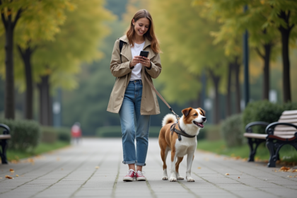 Femme avec chien en parc urbain utilisant une application