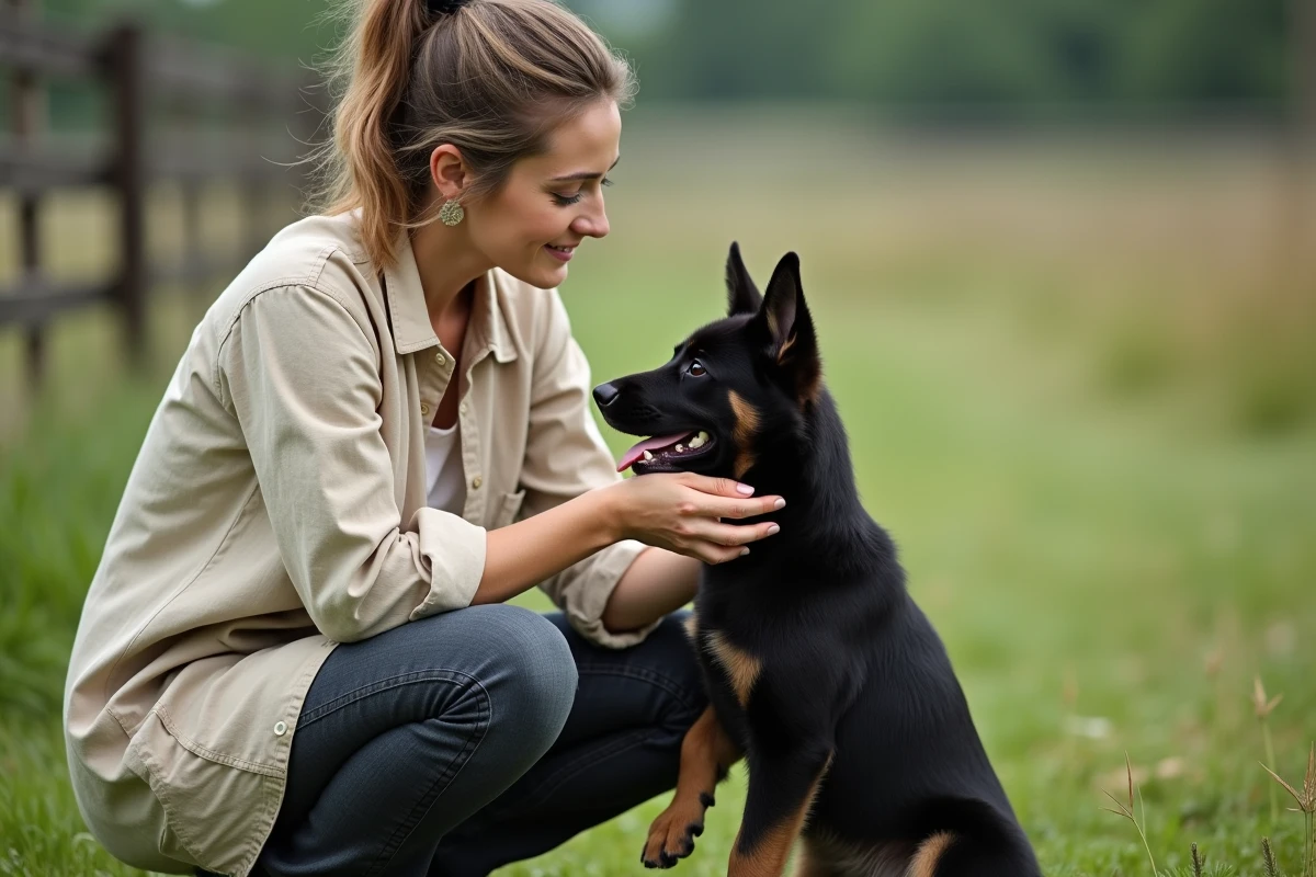 Femme tenant dans ses bras un chiot Berger Allemand noir dans un pré, lors d'une visite chez l'éleveur