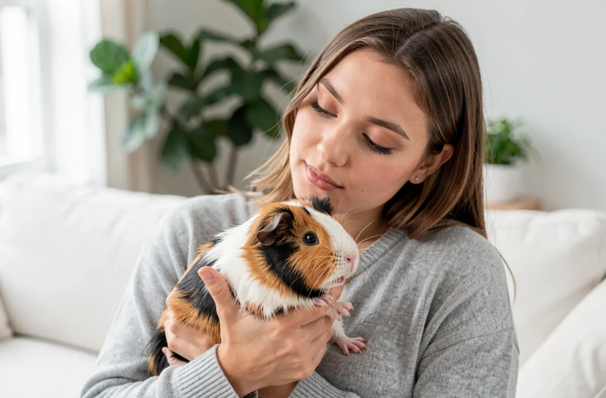 Jeune femme tenant un cochon d'Inde tricolore qui vocalise contre sa poitrine dans un salon