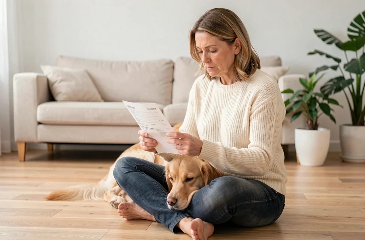 Femme consultant un contrat de mutuelle pour chien sans carence avec son golden retriever à ses côtés