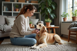 Femme donnant Librela à son chien dans le salon chaleureux
