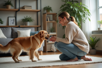 Femme assise avec un chien dans un salon cosy
