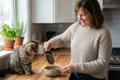 Femme versant de la nourriture pour chat dans un bol