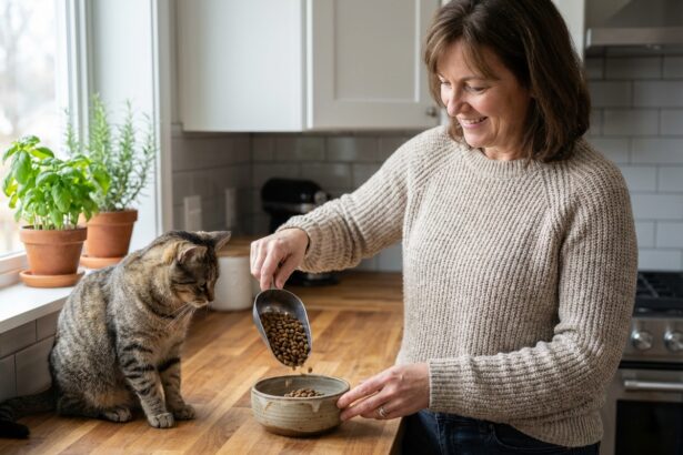 Femme versant de la nourriture pour chat dans un bol