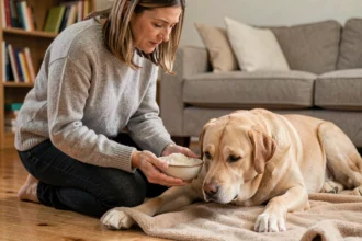 Femme donnant du riz blanc cuit à son chien Labrador allongé sur une couverture, remède maison contre la diarrhée canine