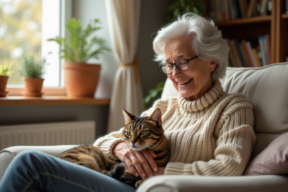 Femme âgée souriante caressant un chat dans un salon chaleureux