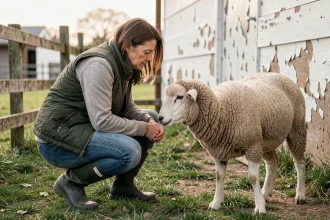 Femme examinant un mouton Merino dans une ferme rustique avant un achat, vêtue d'un gilet matelassé vert et de bottes en caoutchouc