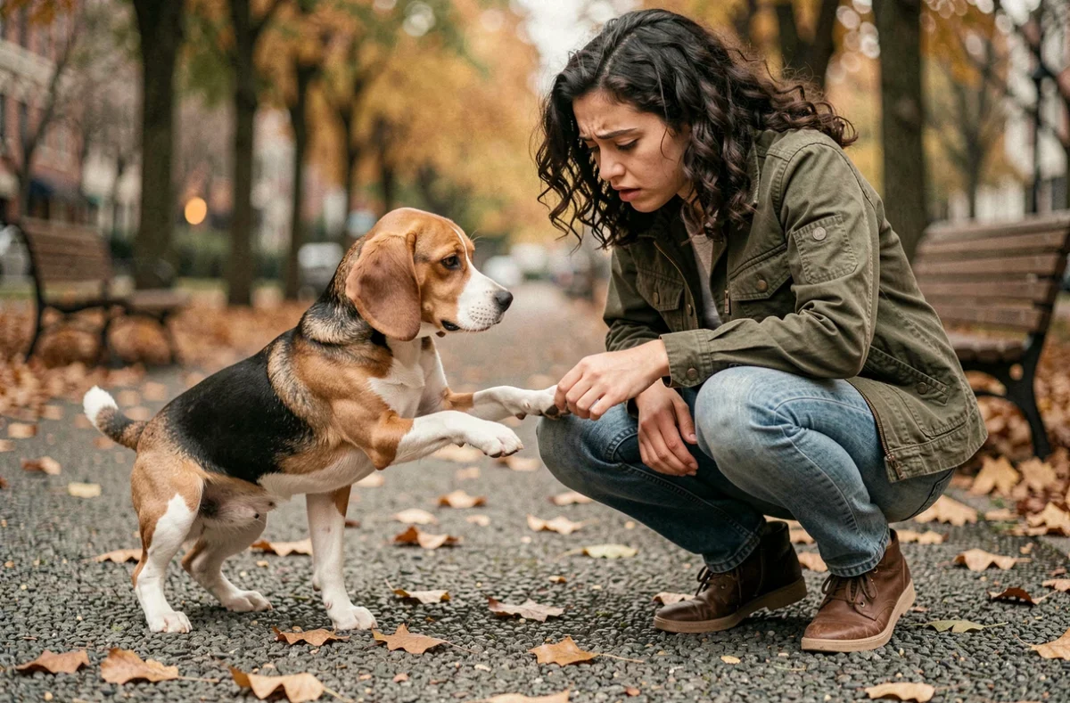Jeune femme examinant la patte blessée de son beagle dans un parc en automne, chien en position de douleur