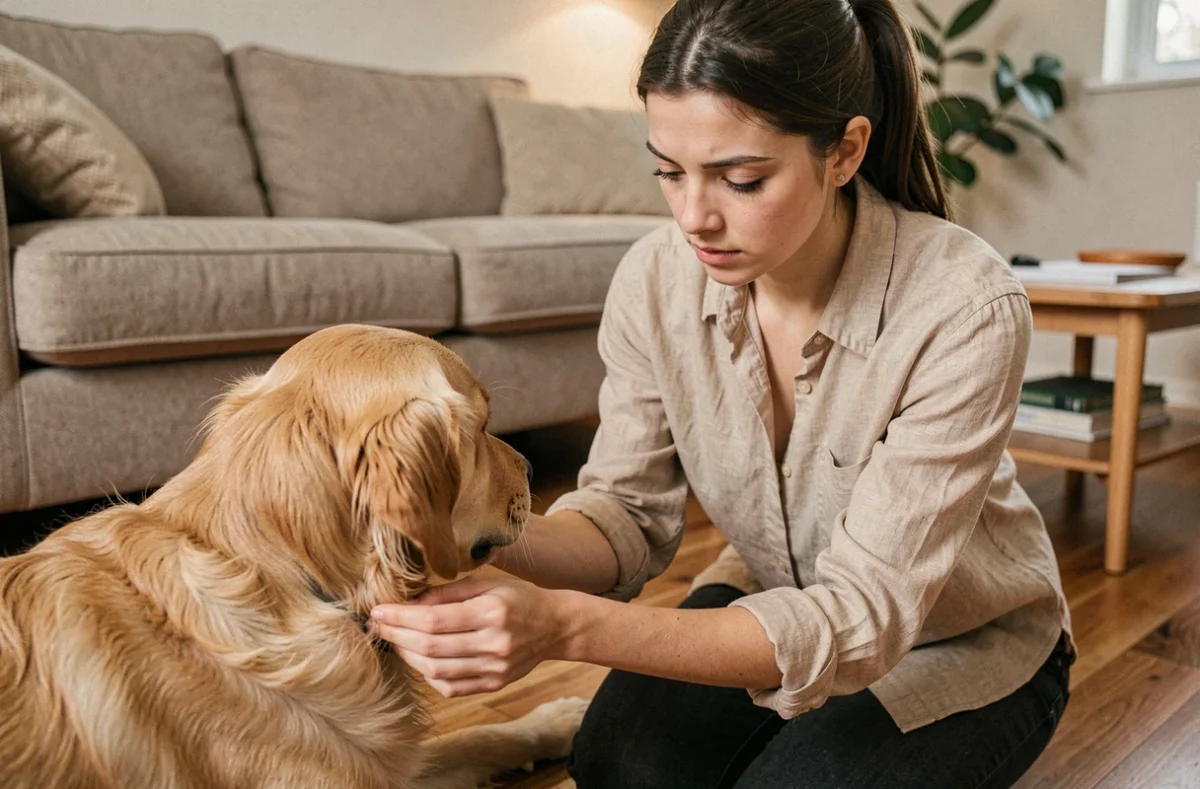 Femme examinant le pelage d'un golden retriever pour détecter la présence de puces