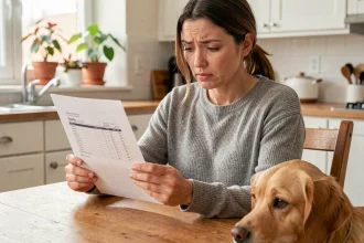 Femme consultant une facture vétérinaire à la maison avec son chien golden retriever, illustrant le remboursement d'assurance animale Assur O'Poil
