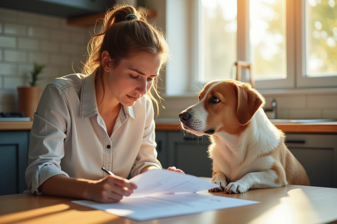 Femme inquiète vérifiant documents d'assurance pour animaux